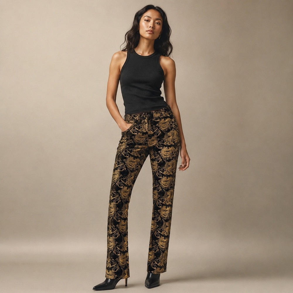 Per Se Black Gold Paisley Velvet Slim Leg Pants Womens Size S Adjustable Waist